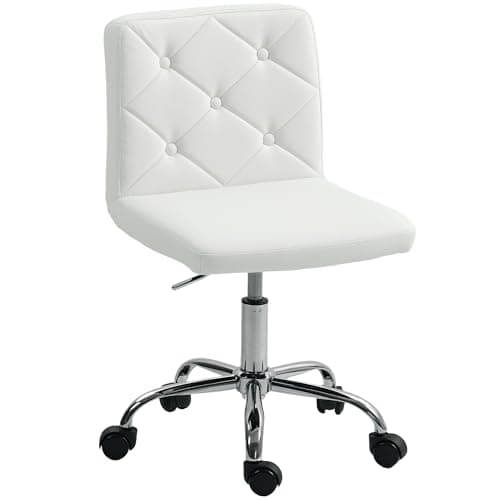 Image of HOMCOM PU Leather Armless Office Chair, Modern Vanity Computer Swivel Chair with Rolling Wheels and Adjustable Height for Home Study, Bedroom, White