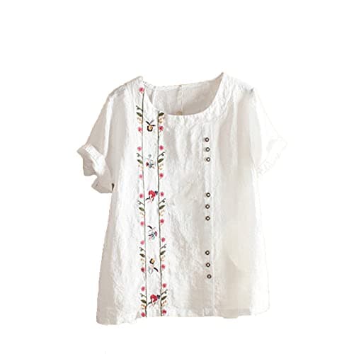 Image of White 5XL Embroidered Indian Tops for Women UK Plus Size Boho Tops Summer Linen Vintage Floral Shirts Mexican Ethnic Bohemian Tee Shirts Trendy Longline Tunics Blouses 3XL 4XL 5XL