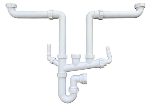 Image of Multi-Fit Double Bowl Sink Waste Kit Space Saving - 1.1/2" 40mm Double Bowl P Trap Kit with Washing Machine Waste Splitters, Sink Waste Kit BS EN 247-1:2002 75mm Water Seal