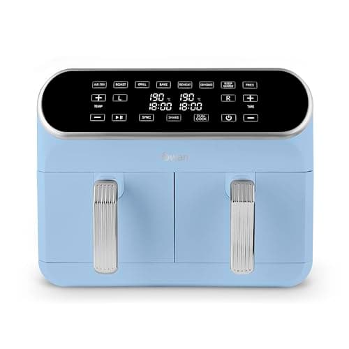 Image of Swan SD10519BLU Retro Dual Basket Air Fryer with Swan Cyclone Technology, LED Display, 8 Pre-Set Cooking Options, Adjustable Temperature, 8L, 1700W, Blue