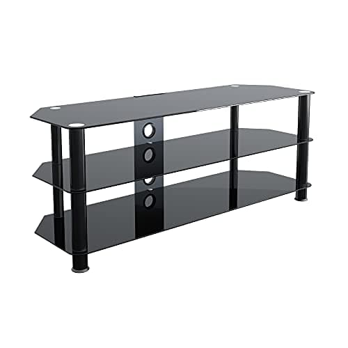 Image of mahara Glass Corner TV Stand – Universal Black Glass TV Unit 125cm wide with Glass Shelves and Cable Management – TV Floor Stand Suitable for up to 60” TVs and Max Weight 45Kg