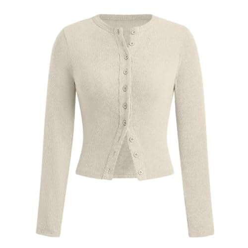 Image of PNZLZIA Women's Long Sleeve Rib Knit Short Cardigan Sweater, Long Sleeve Ribbed Knit Cardigan for Women (X-Large, Apricot)