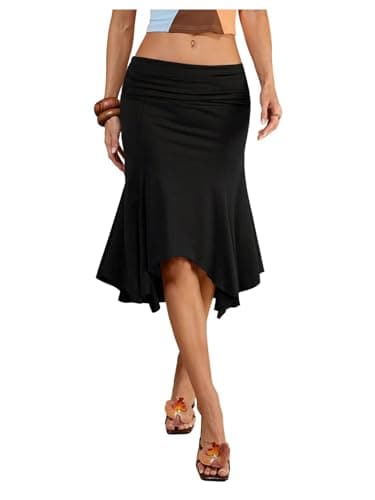 Image of GORGLITTER Women's Elegant Fishtail Ruffle Midi Skirts Low Waist Ruched Bodycon Evening Prom Skirt Black Medium