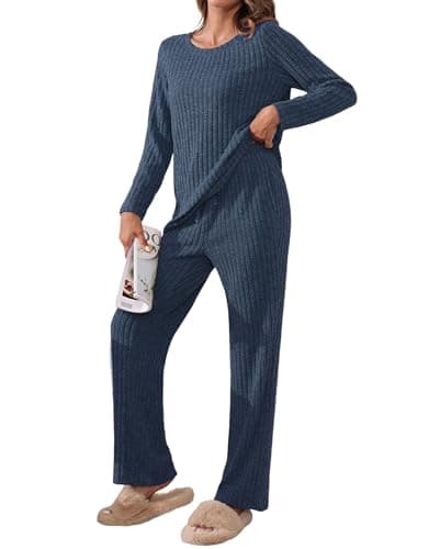 Image of TIANZHU Ladies Pajamas Set Nightwear Loungewear Outfit Soft Ribbed Homewear Pyjama Set with Wide Leg Trousers 2 Piece Set, Navy blue, Size 12-14