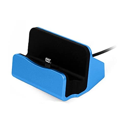 Image of AQUARIUS Desktop Charging Dock with Braided Cable, Blue Aluminium Mobile Phone Stand & Charger Station, Sync and Charge Cradle Compatible with 8-Pin Devices