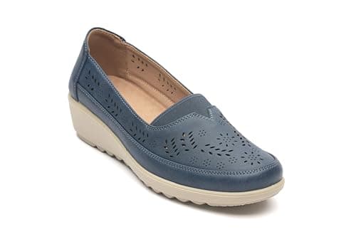 Image of Cushion Walk Womens Slip-On Wedge Loafer, Dina, Closed Toe, Synthetic Upper, Casual Comfort Flat Shoe (Navy, UK Footwear Size System, Adult, Women, Numeric, Medium, 5)