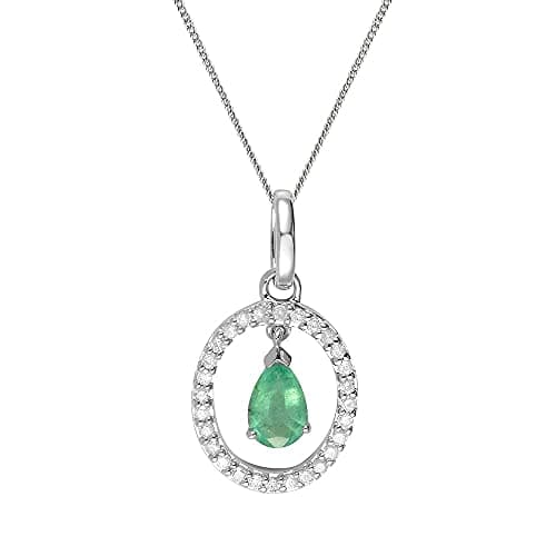 Image of Ivy Gems 9ct White Gold Emerald & Diamond Open Drop Pendant & Fine Gauge 18" / 46cm Chain