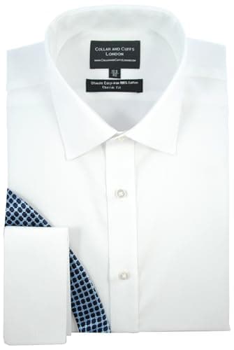 Image of Men's Long Sleeve Twill Shirt - 100% Cotton - Ultimate Easy Iron - Fit Guaranteed - Business Formal Smart Casual - White Shirts for Men - Classic Fit, Double Cuff - Plain Pattern - C 16.5