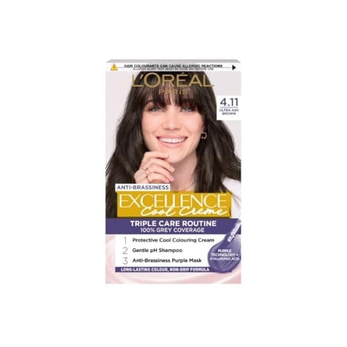 Image of L'Oréal Paris Excellence Cool Crème Permanent Hair Dye, Radiant At-Home Hair Colour with up to 100% Grey Coverage, Pro-Keratin, Up to 8 Weeks of Colour, Colour: 4.11 Ultra Ash Brown