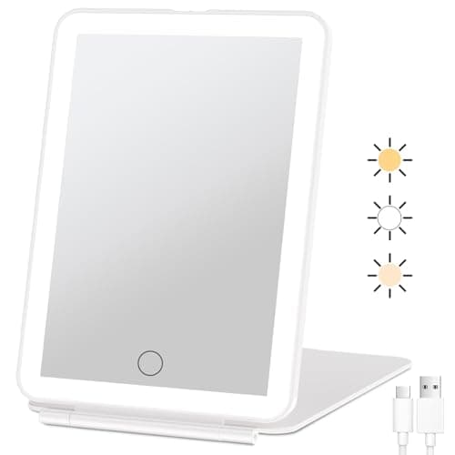 Image of FUNTOUCH Rechargeable Travel Makeup Vanity Mirror with Lights, 2000mAh, Portable Lighted Makeup Beauty Mirror, Dimmable 3 Color Lighting, Tabletop Folding Cosmetic Mirror for Home, Office, Travel