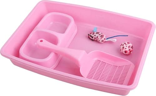 Image of PAWISE Cat Accessories Set of 4 Cat Accessories Including Litter Tray, Litter Scoop, Bowl and Kitten Toy, 14.5 x 10.5 Inches, Pink