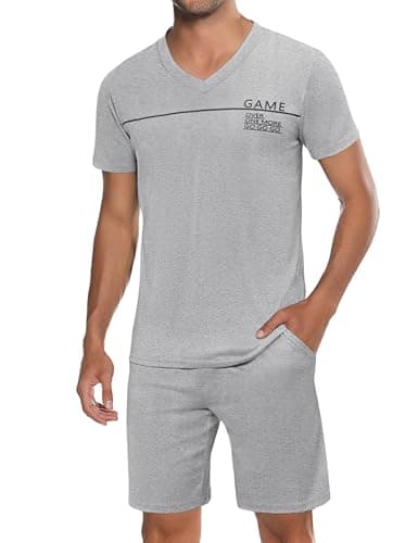 Image of Marvmys Mens Pyjamas Shorty Short Sleeve Set Cotton Men's Nightwear Breathable and Comfortable Sleepwear Pjs Set Men's Loungewear Set with Pockets Grey S