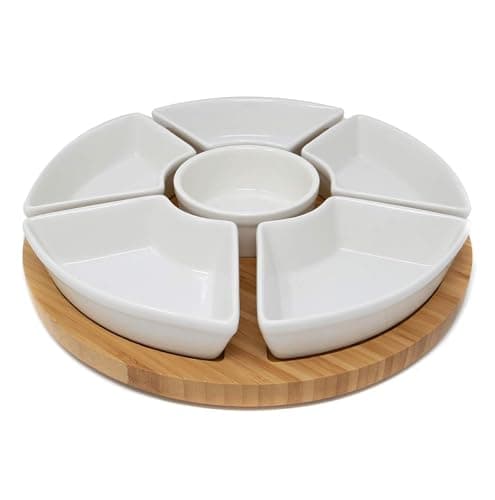 Image of Rotating Dip Set | Lazy Susan with 6 Ceramic Dishes | Serving Platters | Snack Dishes with Turntable | Dips, Snacks & Appetisers | M&W (White)