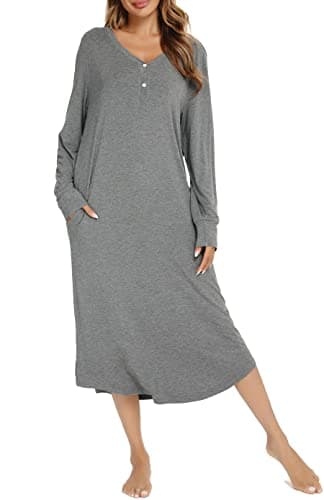 Image of Vlazom Women's Nightgowns Long Sleeves V Neck Button Down Sleep Shirt Soft Nightdress Sleepwear Loungewear, A-Grey,XXL