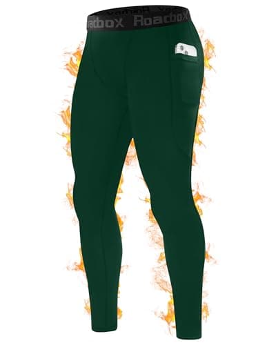 Image of Roadbox Thermal Compression Pants Men, Sports Workout Fleece Lined Leggings, Football Running Base Layer Tights with Pocket