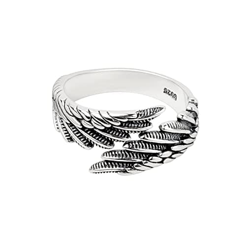 Image of Open Ring, Angel Wings Ring, Handmade S925 Sterling Silver Retro Temperament Adjustable Feather Angel Wing Ring For Men Women,B-Women