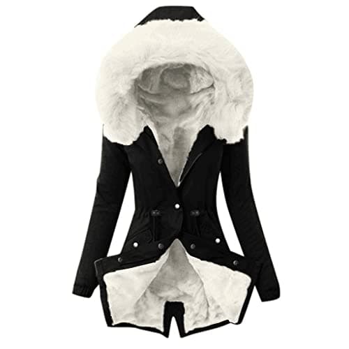 Image of Generisch Women's Winter Coat with Hood and Faux Fur Collar Lined Parka with Buttons and Zip Warm Transition Coat for Outdoor and Everyday Use, White, S