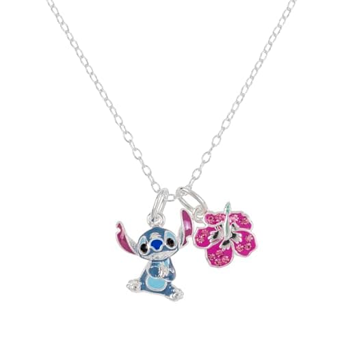 Image of Disney Women's 925 Sterling Silver Lilo and Stitch Crystal Flower Charm Pendant Adjustable (45cm) Necklace