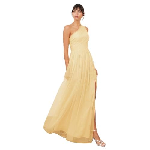 Image of Anaya with Love Womens Ladies Maxi One Cold Shoulder Dress with Slit Split Sleeveless Prom Wedding Guest Bridesmaid Ball Evening Gown, Butter Yellow 24