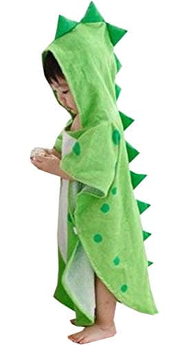 Image of Alltops Kids Cotton Hooded Towel Cartoon Unicorn Dinosaur Bathrobe Bath Poncho Towel for Boys Girls, 0-4 years, Green Dinosaur