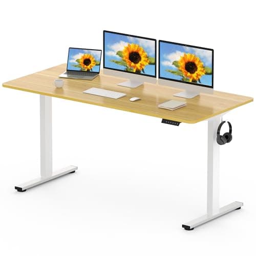 Image of FLEXISPOT 160 x 80cm Electric Standing Desk ONE PIECE Height Adjustable Desk Sit Stand Desk with 4 Memory Smart Panel and Backpack Hook for Home Office, (White Frame+Maple Desktop)