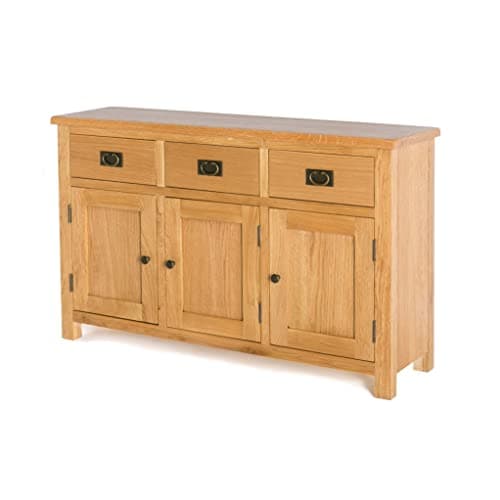 Image of Surrey Oak Large Sideboard Cabinet for Living Room | Roseland Furniture Traditional Rustic Waxed Solid Wood 3 Drawer 3 Door Storage Unit for Hallway or Dining Room | Fully Assembled