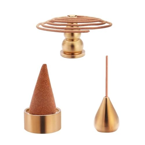 Image of RUIENGCOMM 3-in-1 Coil & Cone Incense Burner - Brass, Ideal for Yoga and Living Spaces
