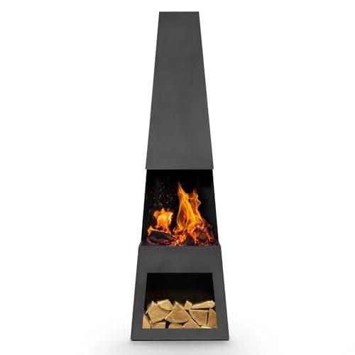 Image of Dellonda Outdoor/Garden/Patio Pyramid Chiminea, Fireplace, Fire Pit, Heater with Firewood Storage, W45 x H150cm - Black Steel - DG107