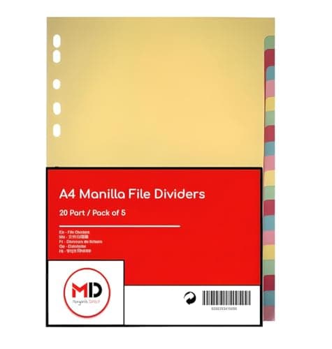Image of A4 20 Part File Dividers - Subject Divider with Assorted Manilla Card Tabs - Pack of 5