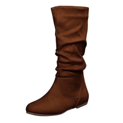 Image of Womens Suede Slouch Boots Wide Fit Mid Calf Walking Boots Ladies Flat Wide Calf Knee High Boot Lightweight Outdoor Trekking Boot Fall Winter Shoes Footwear British Style Shoes Size 3-8 Coffee