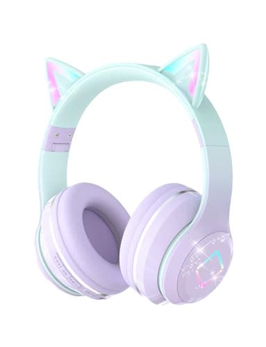 Image of Bluetooth Kids Headphones,Cat Ear LED Light Up Kids Wireless Headphones,Bluetooth 5.1&Stereo Sound,Foldable,Adjustable Headband,Children Headphone with Microphone Over Ear for School/Tablet (Purple)