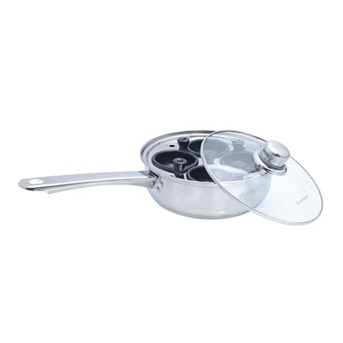 Image of Buckingham Four Hole Egg Poacher Pan Premium Stainless Steel with Tempered Glass Lid Removable Non Stick 4 Cups Perfect Egg Poached Maker Induction Compatible
