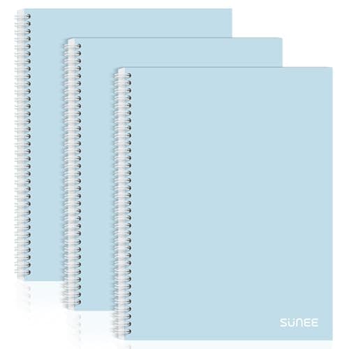 Image of SUNEE A4 Notebook, Pack of 3 Notepads, Wirebound Notebooks, 80gsm Premium Paper, 100 Sheets / 200 Pages, 8mm Lined with Margin, 4-Hole Punched and Perforated Edge, Light Blue
