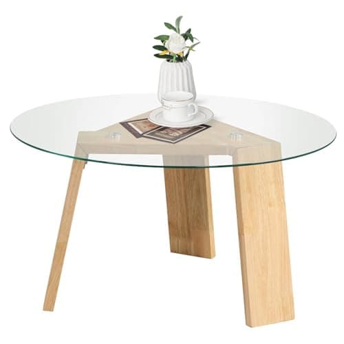 Image of Multigot Coffee Table, Tempered Glass Cocktail Sofa Side Table with Solid Rubber Wood Legs, Accent Center Table Snack Tea Table for Living Room, Bedroom and Office (Round, Natural)