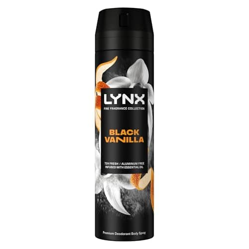 Image of Lynx Fine Fragrance Collection Black Vanilla Premium Body Spray Men's Deodorant infused with vanilla, orange & sandalwood essential oils for 72 hours of freshness 200 ml