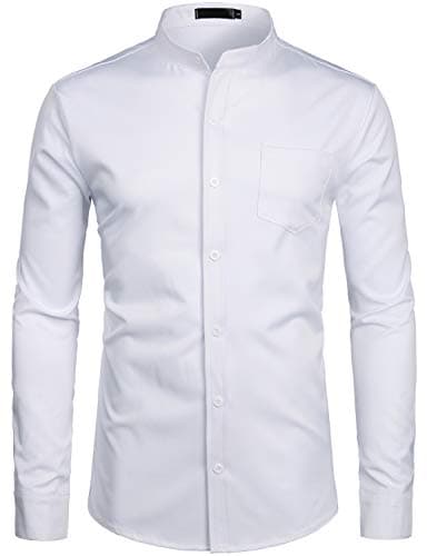 Image of PARKLEES Men's Grandad Collar Smart Dress Shirt Slim Fit Long Sleeve Button Up Shirts with Pocket White L