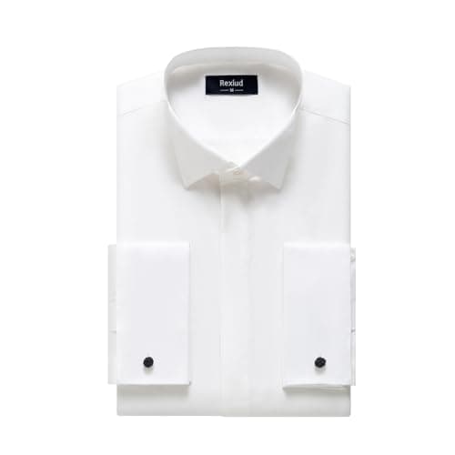 Image of REXIUD Men’s Tuxedo Shirt Wing Collar Hidden Placket French Cuff Stretch Dress Shirt Formal Long Sleeve Solid (UK, Alpha, XL, Regular, Regular) White