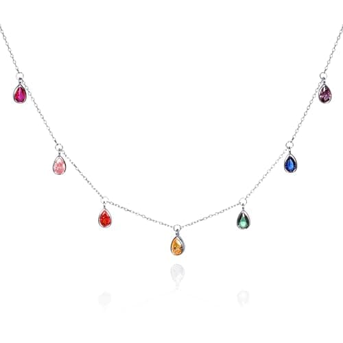 Image of namana 925 Sterling Silver Colourful Necklaces for Women and Teenage Girls with Hanging Pear Shaped Rainbow Charms, Dainty Silver Necklace for Women with Coloured Cubic Zirconia Stones