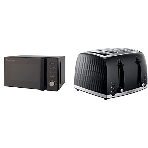 Image of Russell Hobbs RHM2076B 20 Litre 800 W Black Digital Solo Microwave with 5 Power Levels, 8 Auto Cook Menus, Clock & Timer, Easy Clean & 26071 4 Slice Toaster - Contemporary Honeycomb, Black