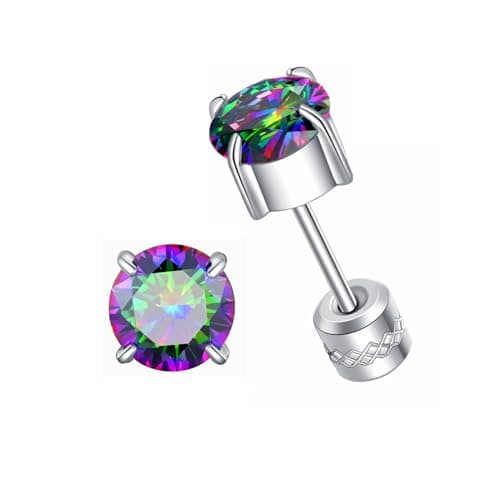 Image of ZOCOYUU Titanium Screw Back Surgical Stainless Steel Stud Earrings for Women Men,Rainbow 5A Cubic Zirconia Studs Double Side Earrings Piercing Sleeper Studs Jewelry 6mm (Silver-Rainbow-6mm)
