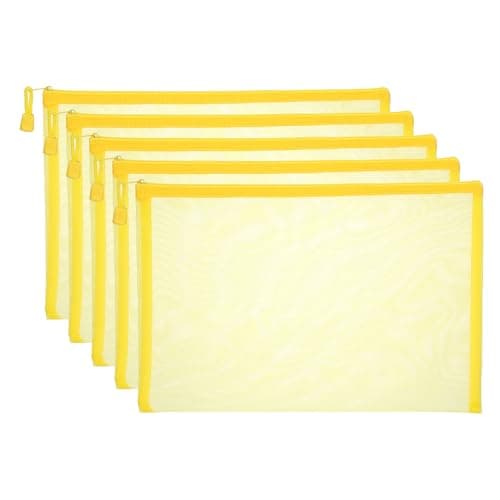 Image of PATIKIL A4 Mesh Zipper Pouch Bags, 5 PCS Mesh Bags with Zipper Plastic Storage Pocket for Organizing File Beads Office Home Supplies, 34x24cm, Yellow