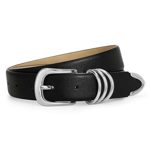 Image of WERFORU Women's Leather Belt with Silver Buckle Ladies Fashion Faux Leather Waist Belt for Jeans Pants Dresses Black