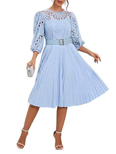 Image of IWFEV Lace Pleated Dress Puff Sleeve Mid-Calf Short Sleeve Midi Dress Hollow Party Evening Dress M