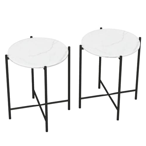 Image of URBNLIVING Set of 2 Pcs Marble Effect Square Round Tops Side End Coffee Table Metal Frame