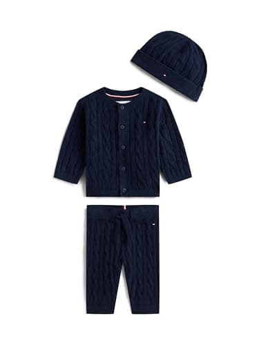 Image of Tommy Hilfiger Newborn CABLE SET PANT + TOP W/BEANIE KN0KN02160 BLUE (Dark Night Navy) 24 Month