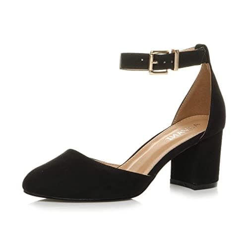 Image of Ajvani Womens Ladies Low mid Block Heel Ankle Strap Court Shoes Sandals, Black Suede, 5 UK
