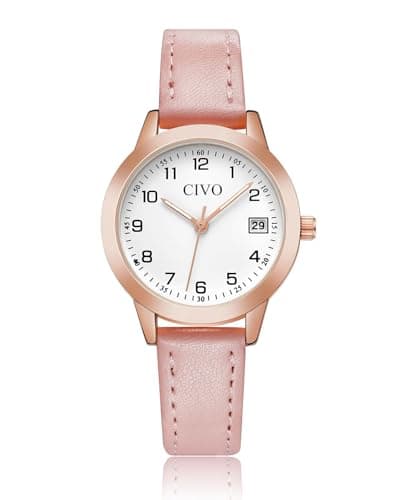 Image of CIVO Ladies Watches Leather Pink: Analogue Date Waterproof Watches for Women - Stylish Gifts for Birthday Valentine's Day and Anniversaries