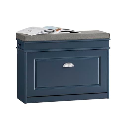 Image of SoBuy Shoe Storage Bench with Seat Cushion - Narrow Shoe Cabinet with Flip Drawer, 2-Tier Rack, 150kg Load - Compact Hallway Storage Unit for Small Spaces Blue FSR82-L-B