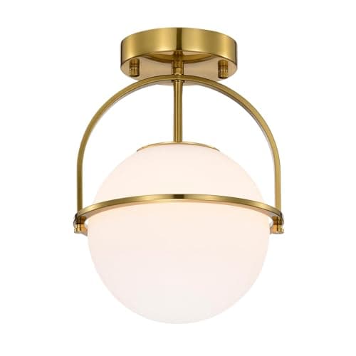 Image of Alighting Gold Semi Flush Ceiling Lights with 18cm Frosted Glass Shade, Modern Goble Glass Ceiling Light for Hallway, Bedroom, Kitchen,Required E14 Bulb