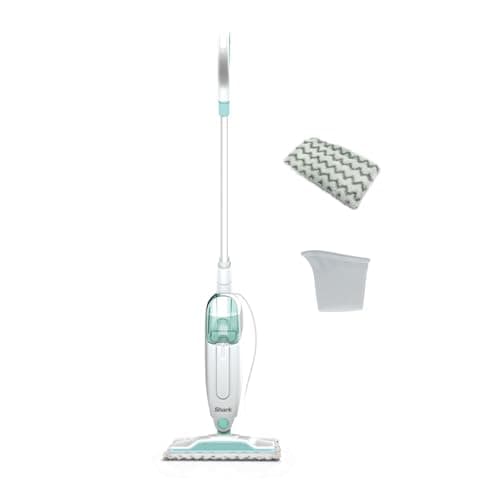 Image of Shark Steam Mop, Lightweight Steam Mop for Hard Floors with 2 Machine Washable Cleaning Pads & Fill Flask, 375ml Capacity, 5.5m Power Cord, 30 Second Heat-Up, White & Green S1000UK